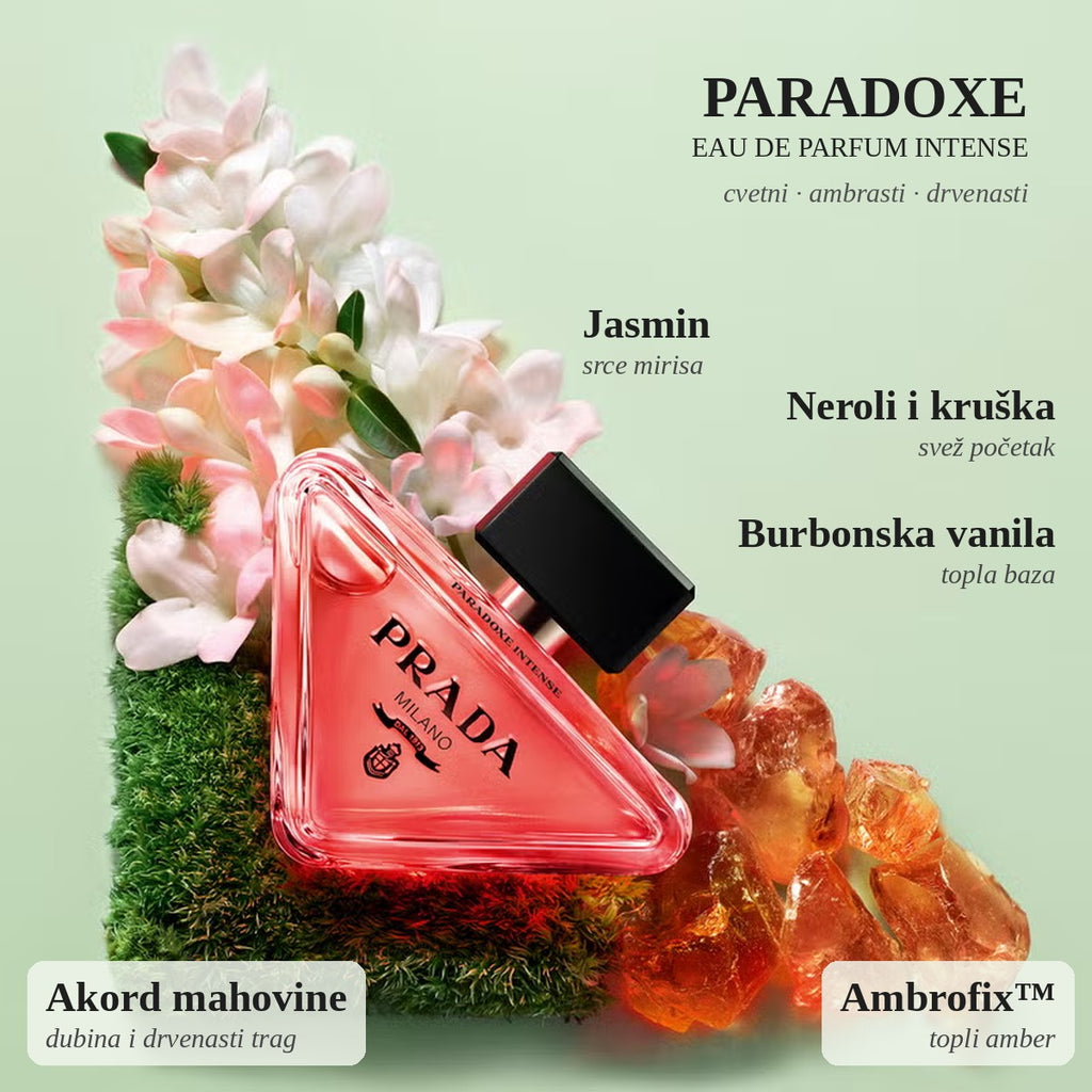 Prada Paradoxe Intense note mirisa: jasmin, neroli, vanila, akord mahovine, Ambrofix